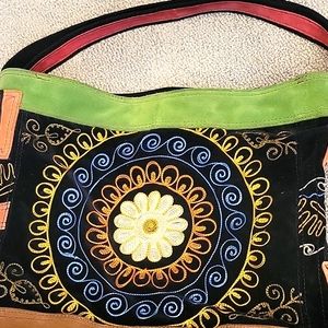 Lucky Brand Cow Leather Velvet Bucket Bag Purse Multicolored Floral